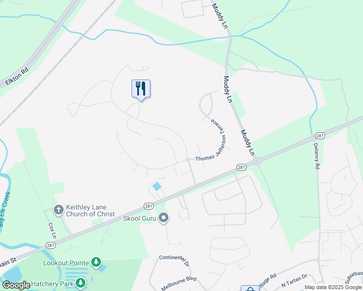 map of restaurants, bars, coffee shops, grocery stores, and more near 209 Patriots Way in Elkton