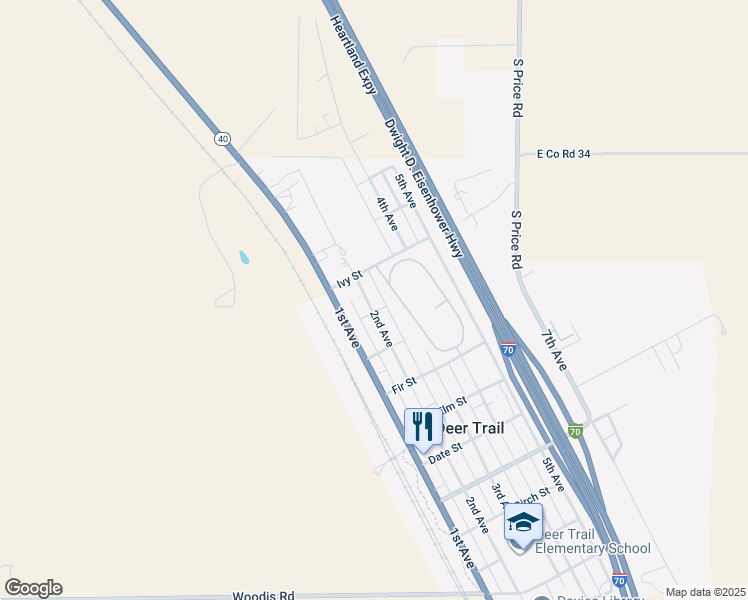 map of restaurants, bars, coffee shops, grocery stores, and more near 1072 2nd Avenue in Deer Trail