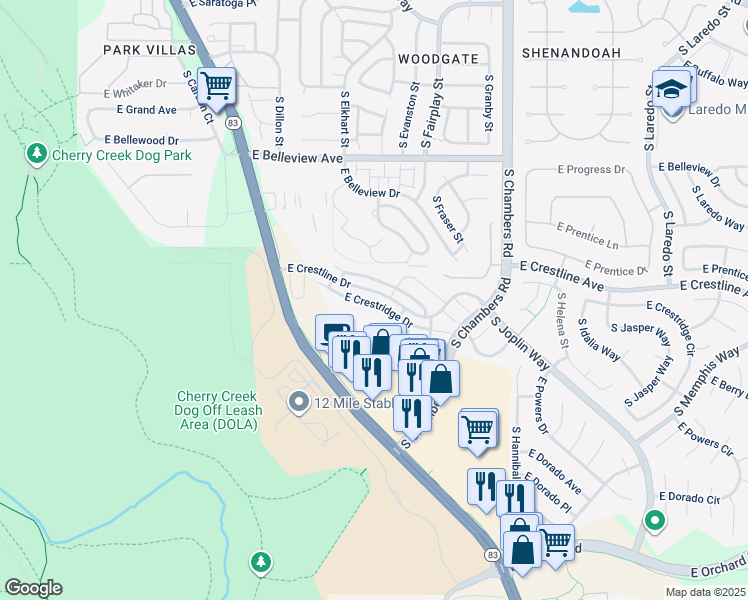 map of restaurants, bars, coffee shops, grocery stores, and more near 14872 East Poundstone Drive in Aurora