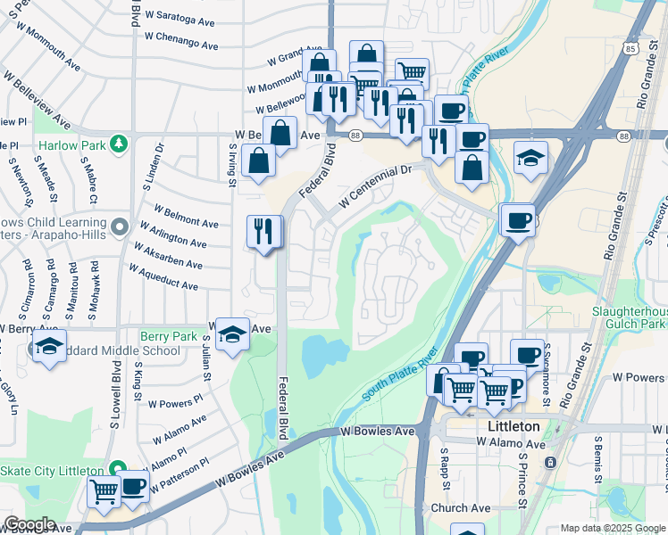 map of restaurants, bars, coffee shops, grocery stores, and more near 2940 West Centennial Drive in Littleton