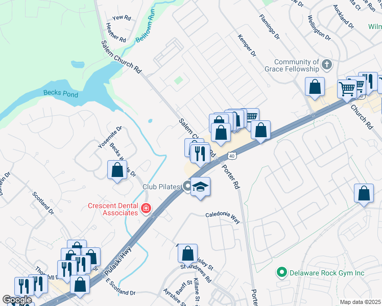 map of restaurants, bars, coffee shops, grocery stores, and more near 877 Salem Church Road in Newark