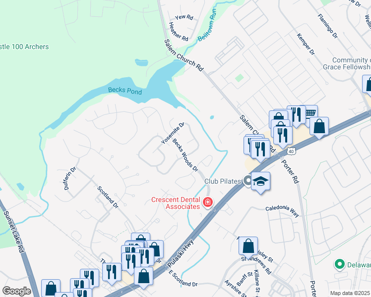map of restaurants, bars, coffee shops, grocery stores, and more near 105 Rushmore Court in Bear
