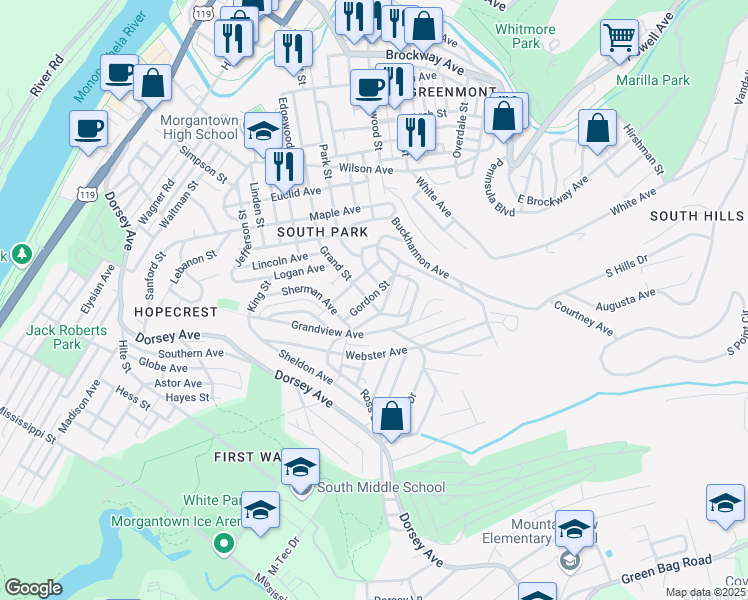 map of restaurants, bars, coffee shops, grocery stores, and more near 247 Franklin Street in Morgantown