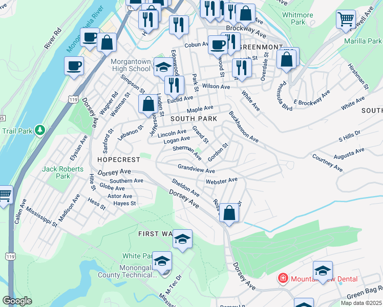 map of restaurants, bars, coffee shops, grocery stores, and more near 148 Sherman Avenue in Morgantown