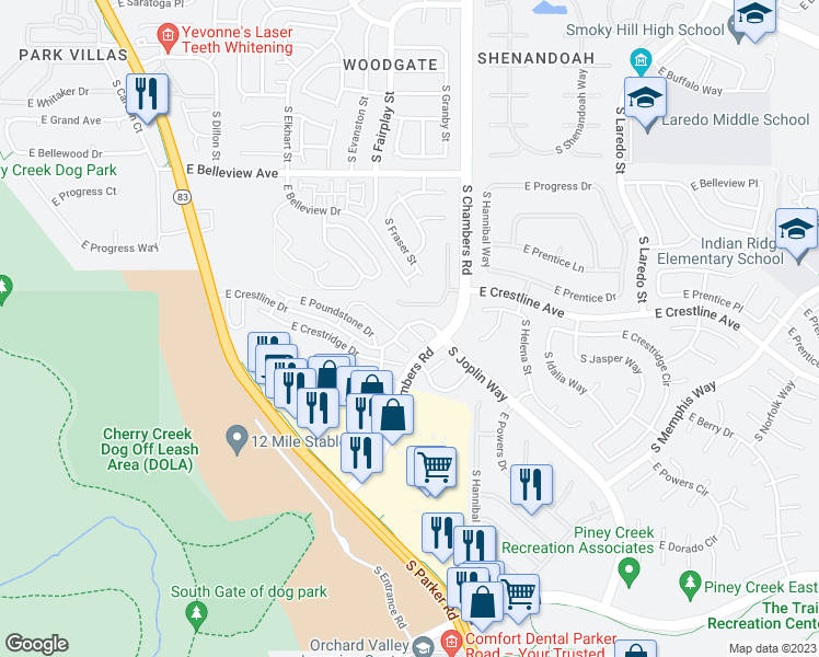 map of restaurants, bars, coffee shops, grocery stores, and more near 14962 East Poundstone Place in Aurora
