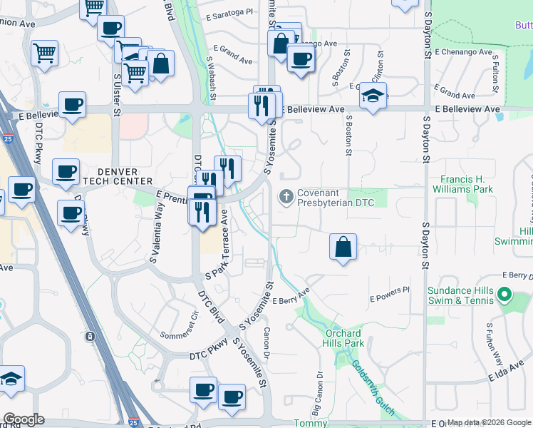 map of restaurants, bars, coffee shops, grocery stores, and more near 5301 S Yosemite St in Greenwood Village