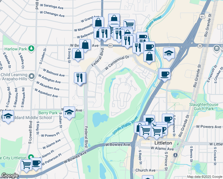 map of restaurants, bars, coffee shops, grocery stores, and more near 2880 West Riverwalk Circle in Littleton