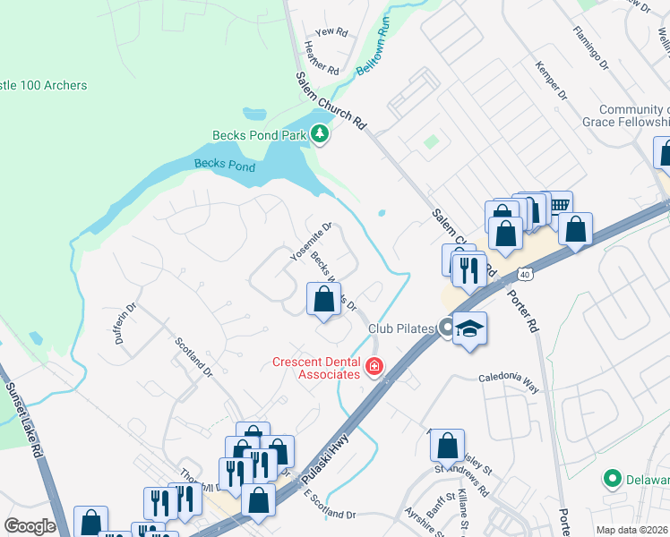 map of restaurants, bars, coffee shops, grocery stores, and more near 105 Rushmore Court in Bear