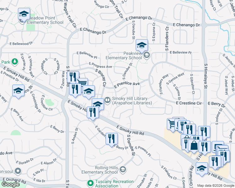 map of restaurants, bars, coffee shops, grocery stores, and more near 19014 East Prentice Circle in Centennial