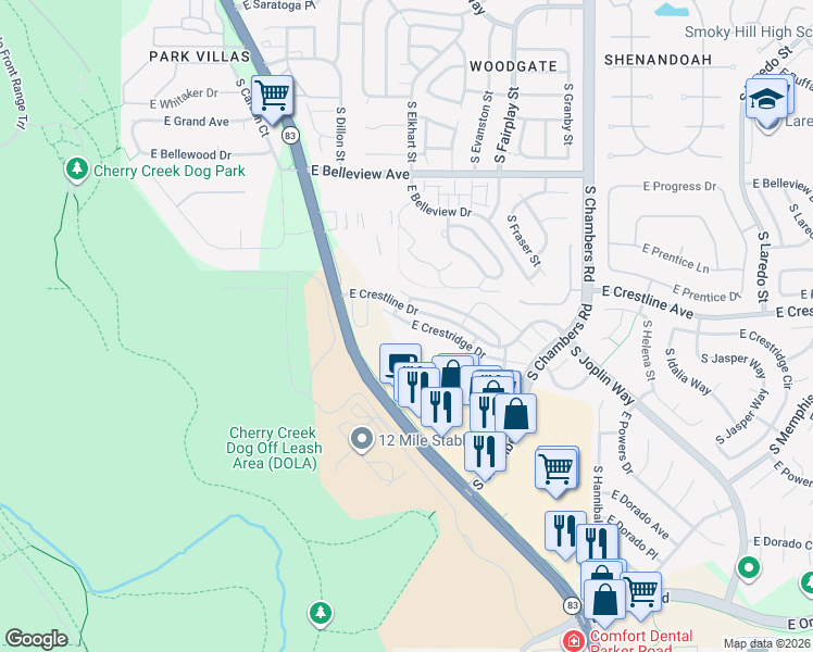 map of restaurants, bars, coffee shops, grocery stores, and more near 14723 East Crestridge Drive in Centennial