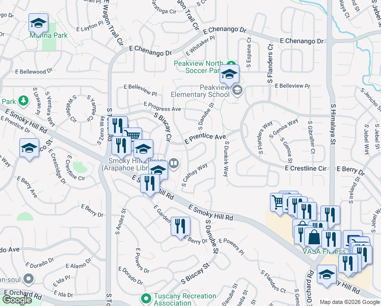map of restaurants, bars, coffee shops, grocery stores, and more near 19014 East Prentice Circle in Centennial