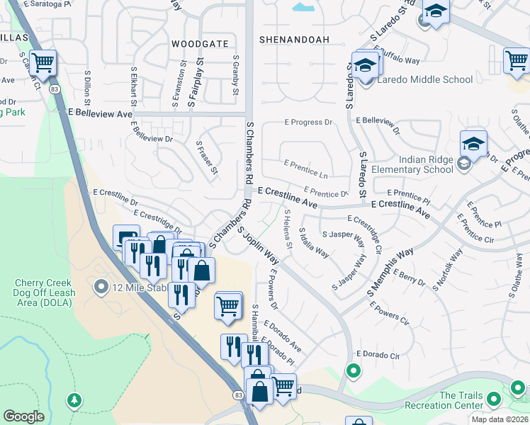 map of restaurants, bars, coffee shops, grocery stores, and more near 5415 South Hannibal Court in Centennial