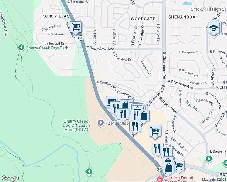 map of restaurants, bars, coffee shops, grocery stores, and more near 14723 East Crestridge Drive in Centennial