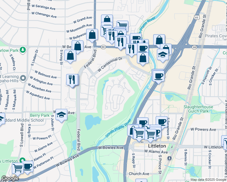 map of restaurants, bars, coffee shops, grocery stores, and more near 2895 Riverwalk Circle in Littleton