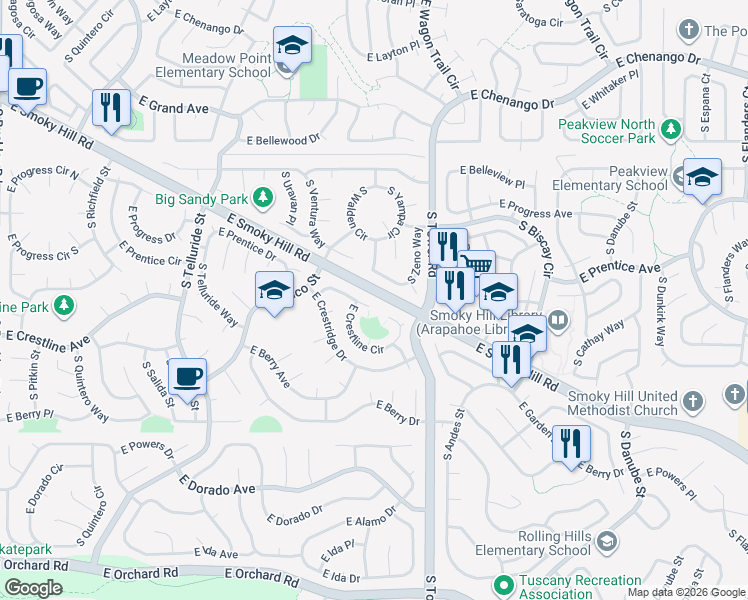 map of restaurants, bars, coffee shops, grocery stores, and more near 18235 East Crestline Circle in Centennial