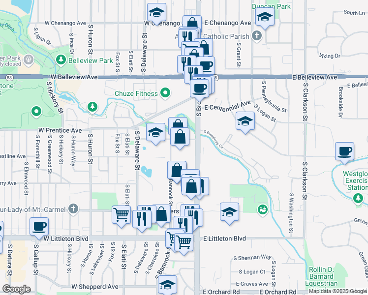 map of restaurants, bars, coffee shops, grocery stores, and more near 152 West Rafferty Gardens Avenue in Littleton