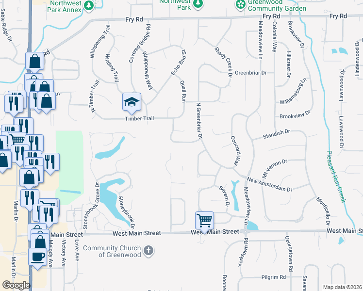 map of restaurants, bars, coffee shops, grocery stores, and more near 1347 Old Hickory Drive in Greenwood