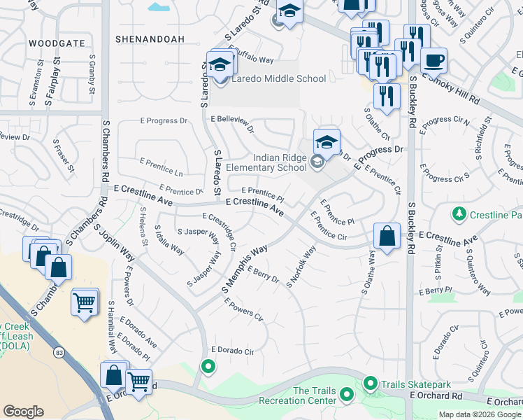 map of restaurants, bars, coffee shops, grocery stores, and more near 16215 East Crestline Place in Centennial