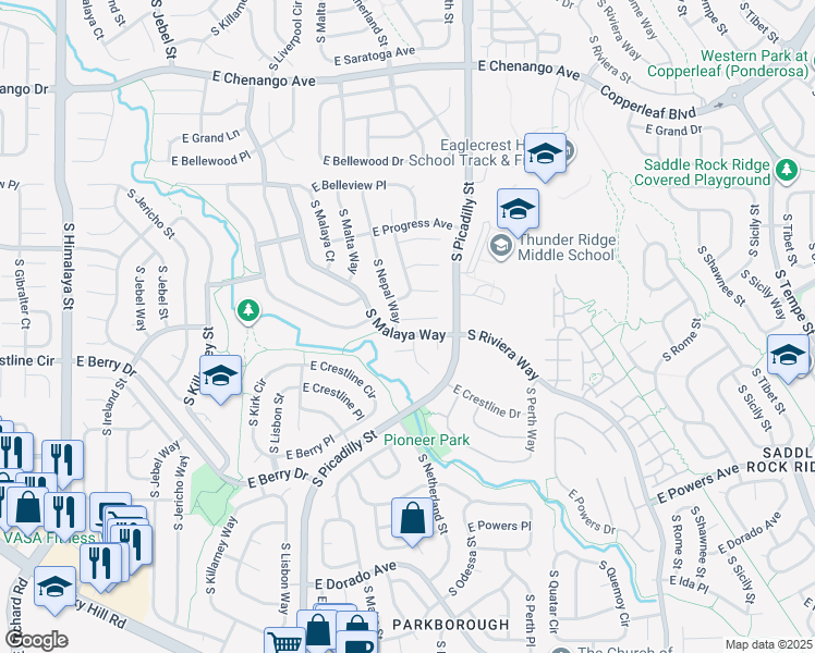 map of restaurants, bars, coffee shops, grocery stores, and more near 21234 East Prentice Lane in Centennial