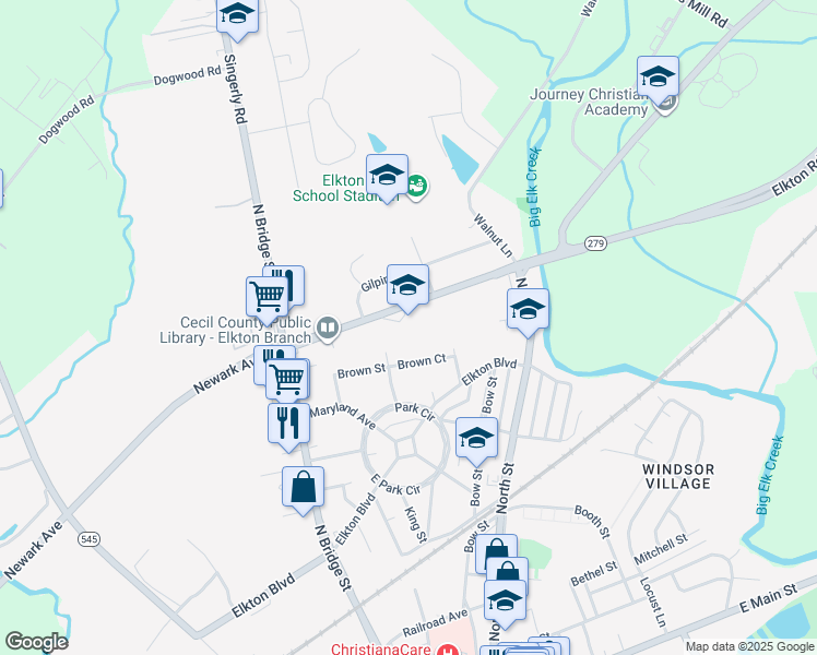 map of restaurants, bars, coffee shops, grocery stores, and more near 203 Newark Avenue in Elkton