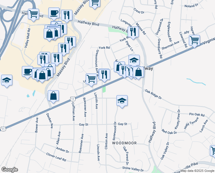 map of restaurants, bars, coffee shops, grocery stores, and more near 17523 Virginia Avenue in Hagerstown
