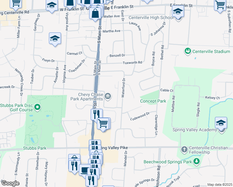 map of restaurants, bars, coffee shops, grocery stores, and more near 251 Chevy Lane in Dayton