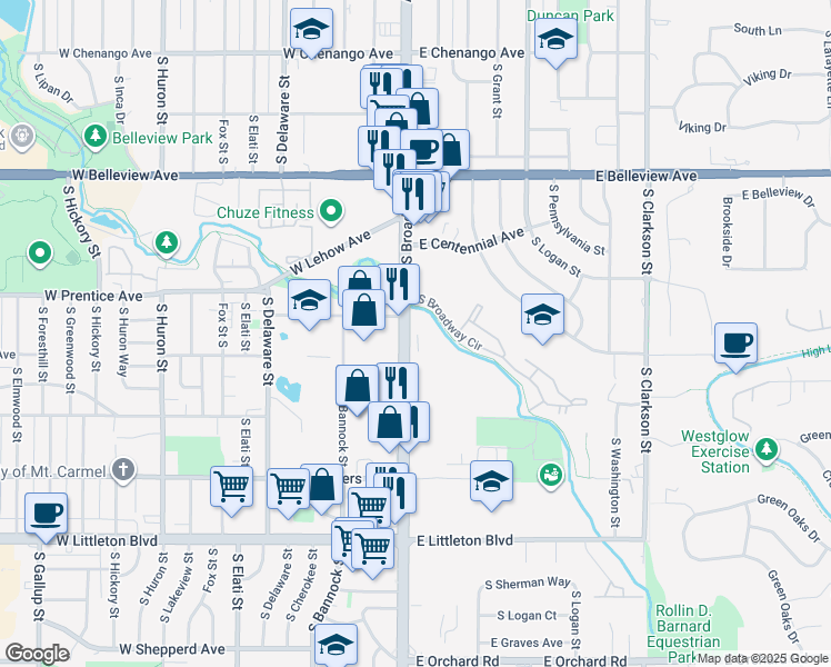 map of restaurants, bars, coffee shops, grocery stores, and more near 5310 South Broadway in Englewood