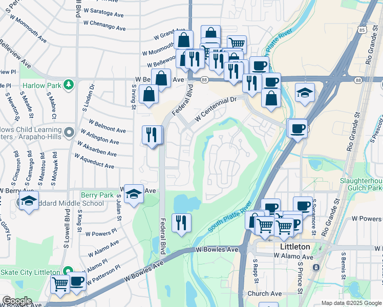 map of restaurants, bars, coffee shops, grocery stores, and more near 2940 West Centennial Drive in Littleton