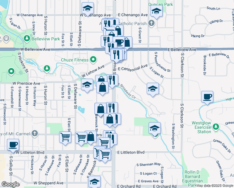 map of restaurants, bars, coffee shops, grocery stores, and more near 5310 South Broadway in Englewood
