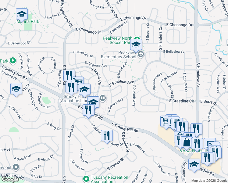 map of restaurants, bars, coffee shops, grocery stores, and more near 19014 East Prentice Circle in Centennial