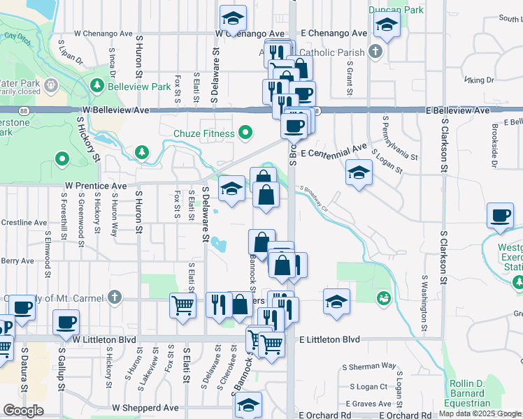 map of restaurants, bars, coffee shops, grocery stores, and more near 152 West Rafferty Gardens Avenue in Littleton