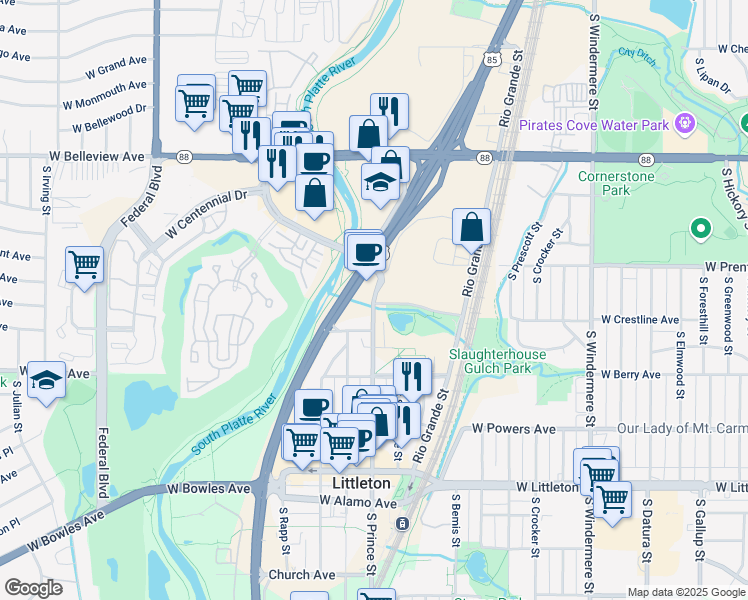 map of restaurants, bars, coffee shops, grocery stores, and more near 5334 South Prince Street in Littleton