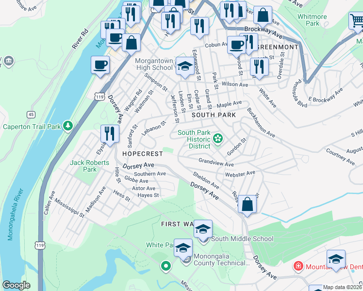 map of restaurants, bars, coffee shops, grocery stores, and more near 36 Logan Avenue in Morgantown