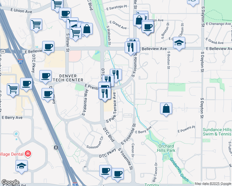 map of restaurants, bars, coffee shops, grocery stores, and more near 5400 South Park Terrace Avenue in Greenwood Village
