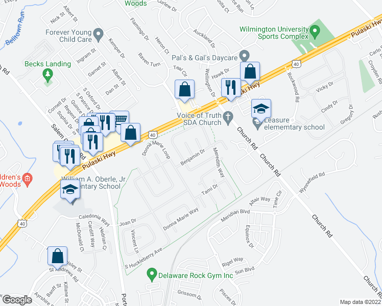 map of restaurants, bars, coffee shops, grocery stores, and more near 110 Herbert Court in Bear