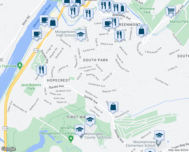 map of restaurants, bars, coffee shops, grocery stores, and more near 148 Sherman Avenue in Morgantown