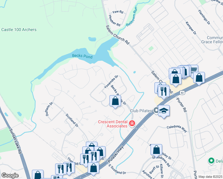 map of restaurants, bars, coffee shops, grocery stores, and more near 105 Rushmore Court in Bear