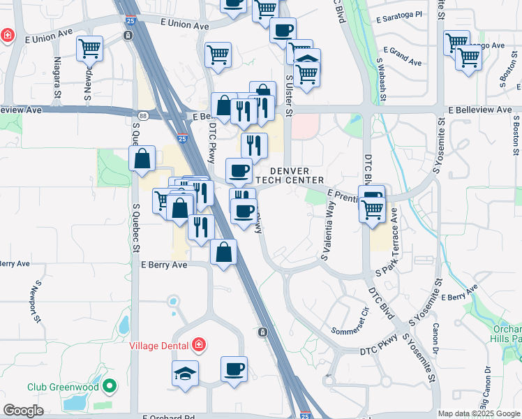 map of restaurants, bars, coffee shops, grocery stores, and more near 5310 DTC Parkway in Greenwood Village
