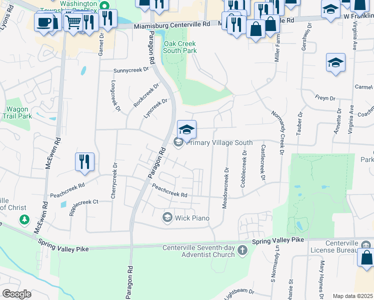 map of restaurants, bars, coffee shops, grocery stores, and more near 8388 Paragon Road in Centerville