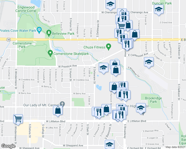 map of restaurants, bars, coffee shops, grocery stores, and more near 5360 South Elati Street in Littleton