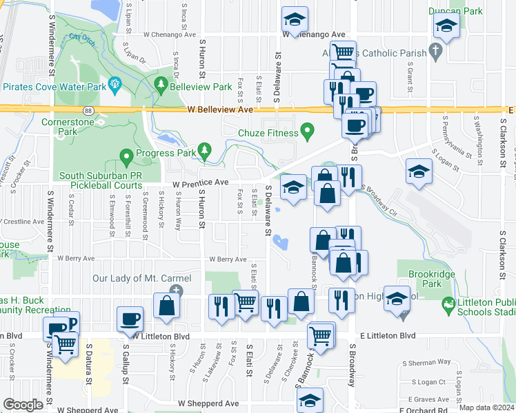 map of restaurants, bars, coffee shops, grocery stores, and more near 5360 South Elati Street in Littleton