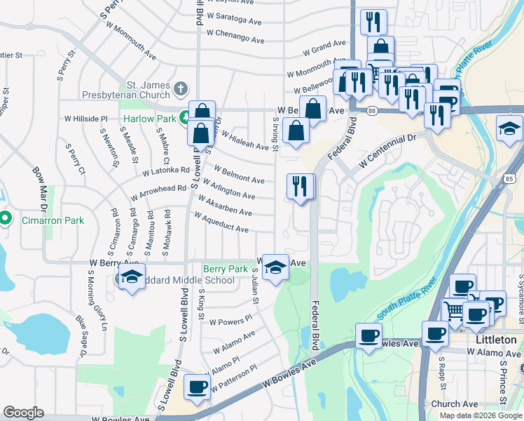 map of restaurants, bars, coffee shops, grocery stores, and more near 3329 West Aksarben Avenue in Littleton