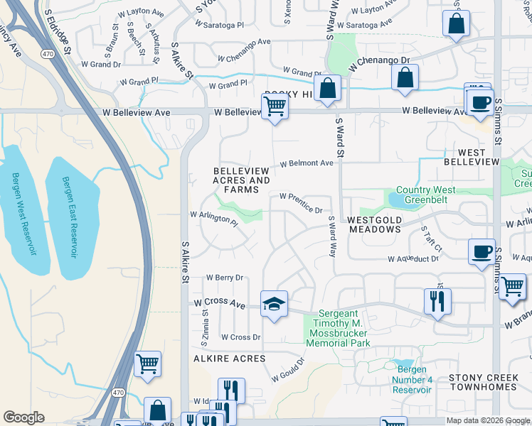 map of restaurants, bars, coffee shops, grocery stores, and more near 5359 South Xenophon Way in Littleton