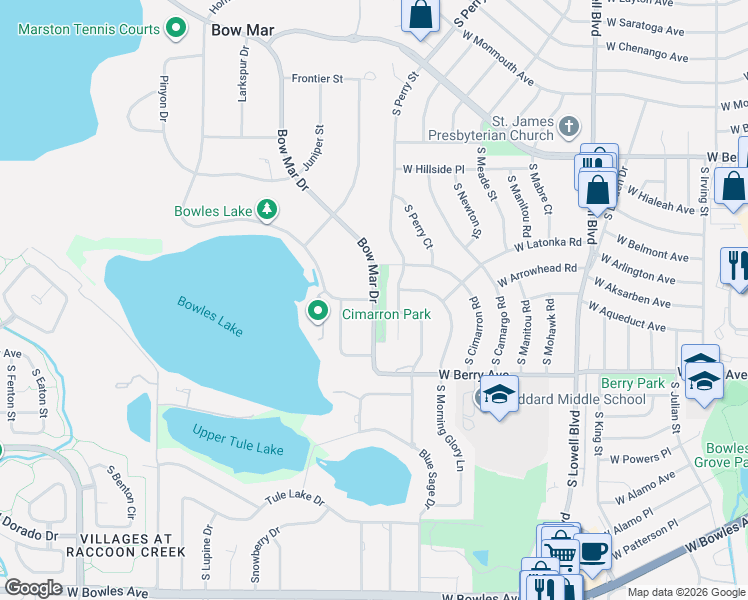 map of restaurants, bars, coffee shops, grocery stores, and more near Bow Mar Drive in Littleton