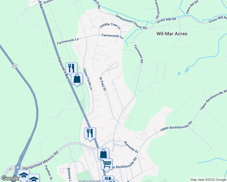 map of restaurants, bars, coffee shops, grocery stores, and more near 4011 Meadow Lane in Hampstead