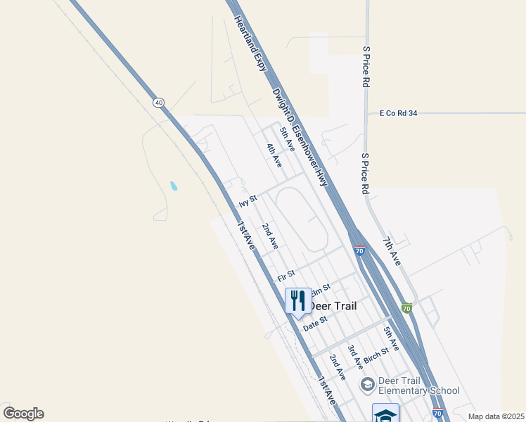map of restaurants, bars, coffee shops, grocery stores, and more near 1072 2nd Avenue in Deer Trail