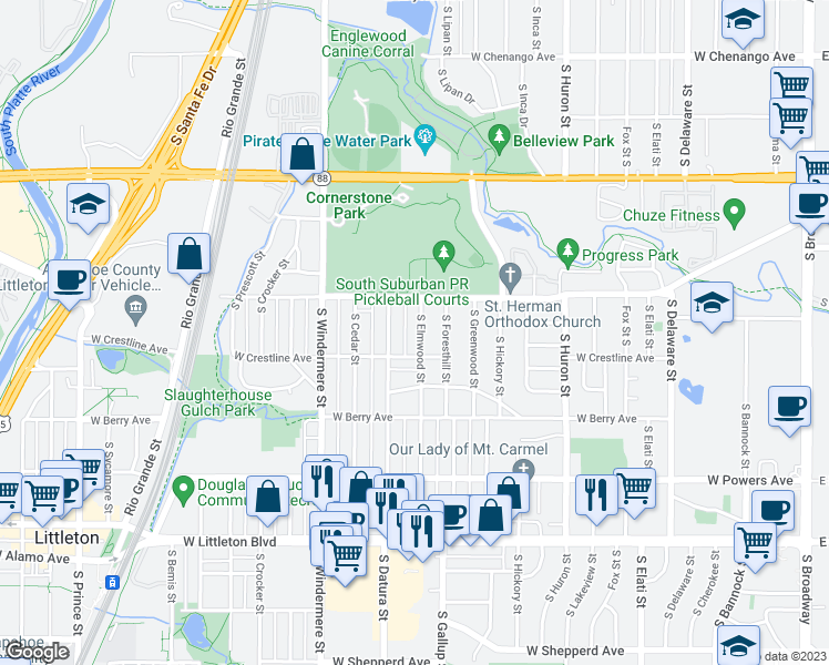 map of restaurants, bars, coffee shops, grocery stores, and more near 5355 South Elmwood Street in Littleton