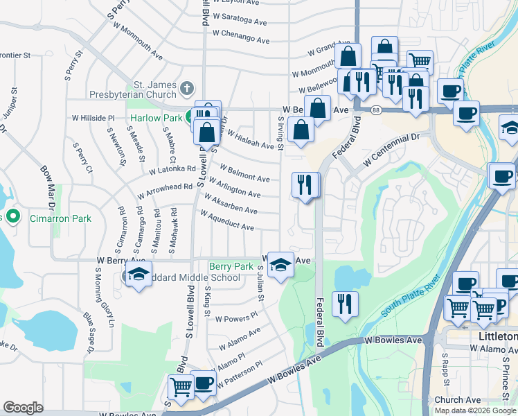 map of restaurants, bars, coffee shops, grocery stores, and more near 3329 West Aksarben Avenue in Littleton