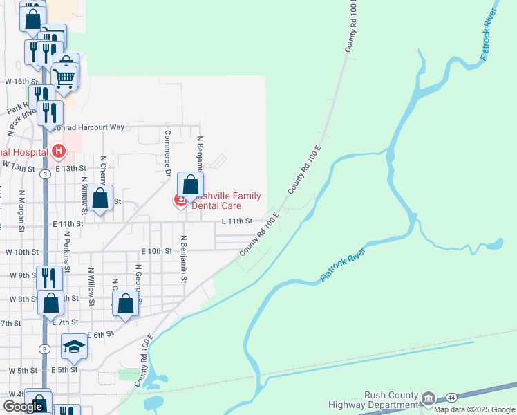 map of restaurants, bars, coffee shops, grocery stores, and more near 904 East 11th Street in Rushville