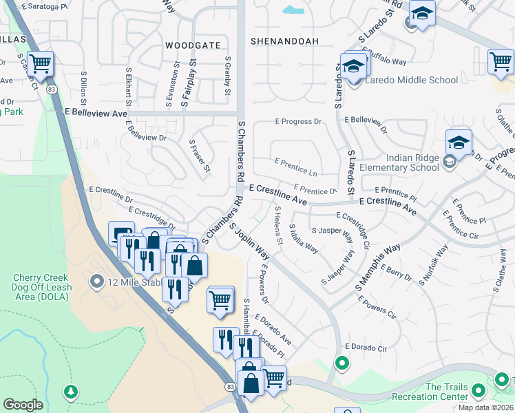 map of restaurants, bars, coffee shops, grocery stores, and more near 5415 South Hannibal Court in Centennial